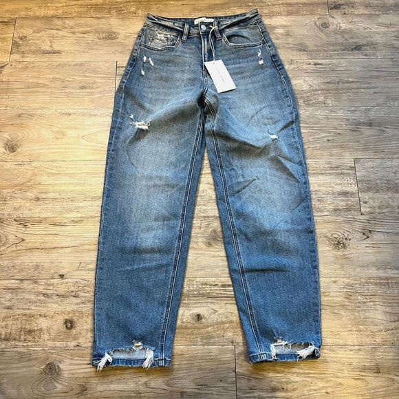 Flying Monkey Jeans 25 High Rise Barrel Boyfriend Distressed NWT Blue - Picture 1 of 11